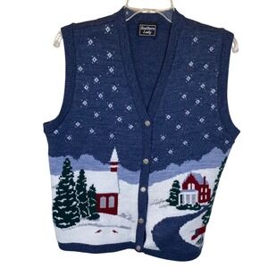 Southern Lady Blue Fair Isle Winter Village Sweater Vest Novelty Holiday